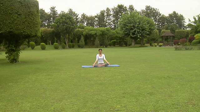 WS, ZO，年轻女子在公园冥想，查塔普尔，印度新德里视频下载
