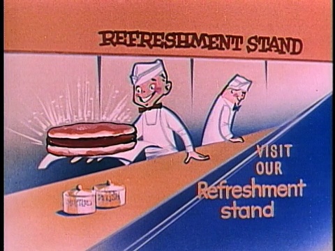 1955年动画MS热狗自己烹饪，自己放调料，在小男孩看/参观我们的点心摊位电影院的标志时吃到面包视频下载
