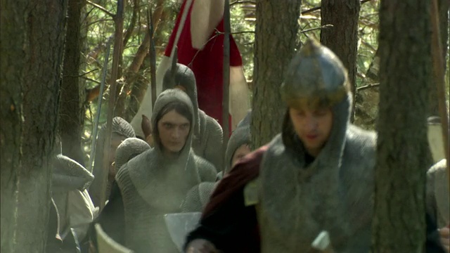 重现中世纪十字军穿过森林的场景，立陶宛维尔纽斯视频下载
