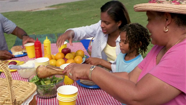 中枪的母亲，女儿和祖母在野餐桌上安排食物视频素材