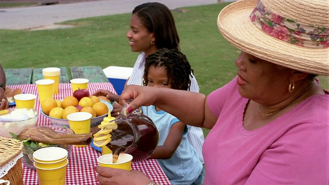 中等剂量的奶奶在公园野餐时把冰茶倒进塑料杯里视频素材