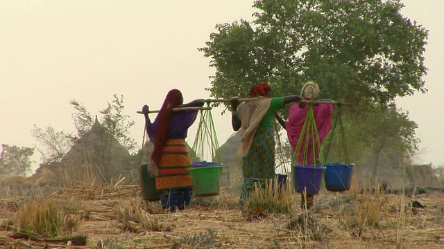 WS，后视图三个妇女携带水向村庄，尼亚美，尼日尔视频素材