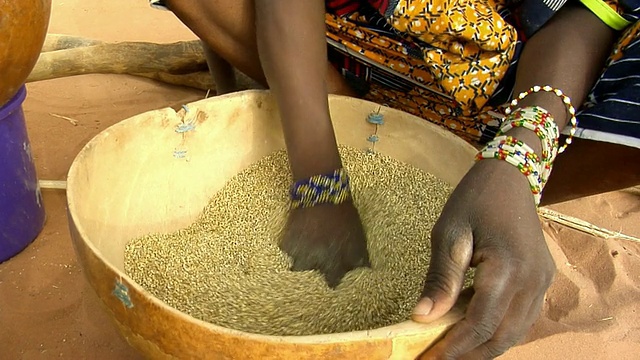 在尼日尔尼亚美中部，妇女在碗里搅拌小米视频素材