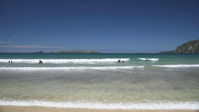 在新西兰北部海滩上，人们喜欢冲浪和海浪视频下载