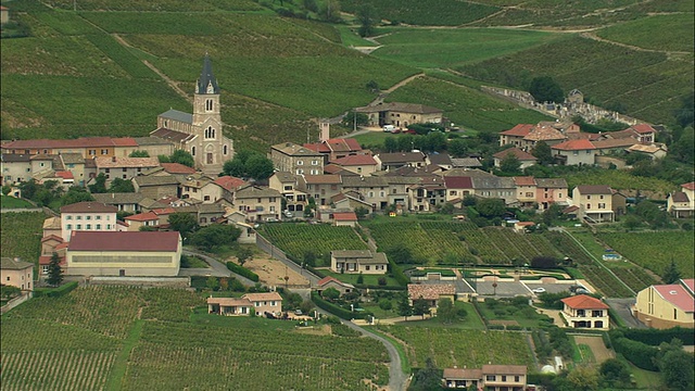 在博若莱地区的村庄鸟瞰图被葡萄园包围，罗纳-阿尔卑斯，法国视频下载