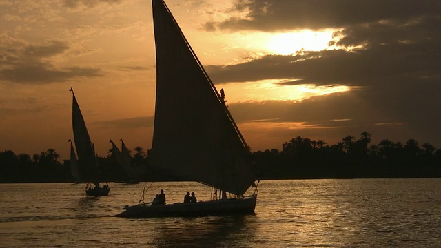 日落时尼罗河上小帆船的剪影，开罗，埃及视频素材