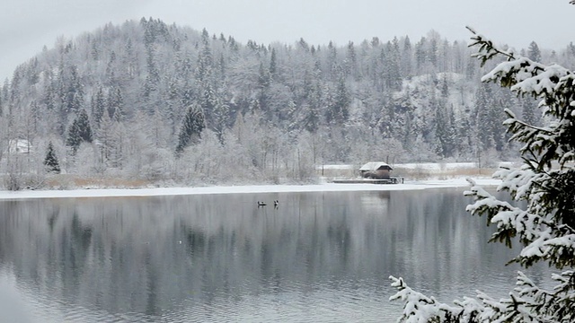 雪中的奥地利哈尔斯塔特湖视频下载