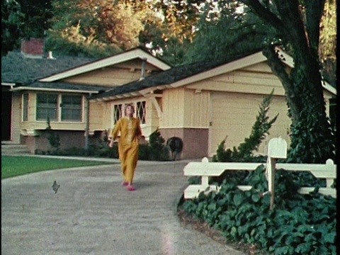 1970年，美国加州洛杉矶，WS邮件递送卡车停在郊区的家，留下邮件，妇女从邮箱中收到邮件，音频视频素材