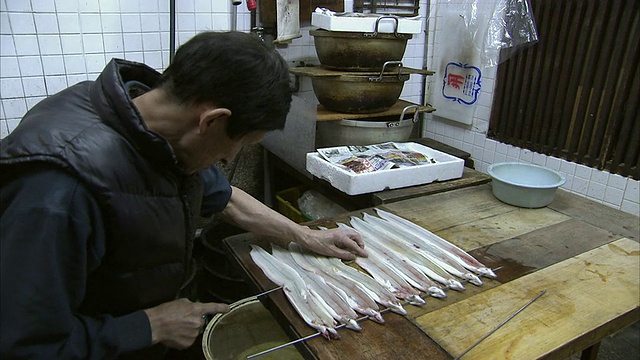 日本京都西城市场，一名男子正在准备鳗鱼串视频下载