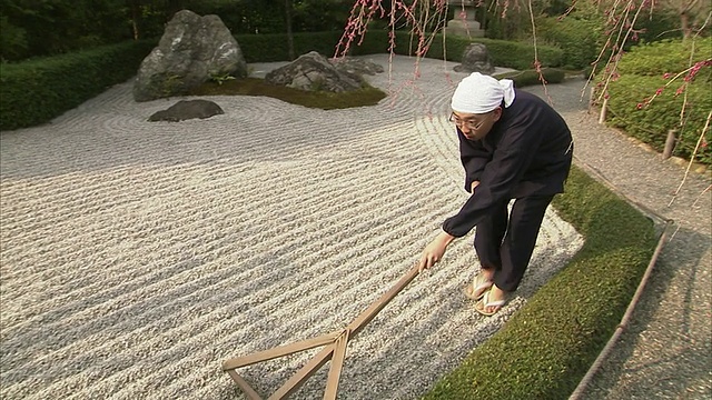 潘和尚在日本京都Taizohin寺的岩石花园耙视频素材