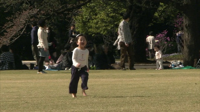 在日本东京的公园里，女孩跑向父亲视频下载
