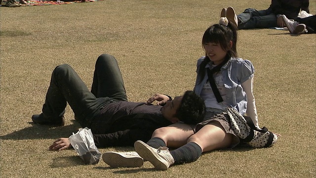 一对夫妇在公园草地上休息，东京，日本视频下载