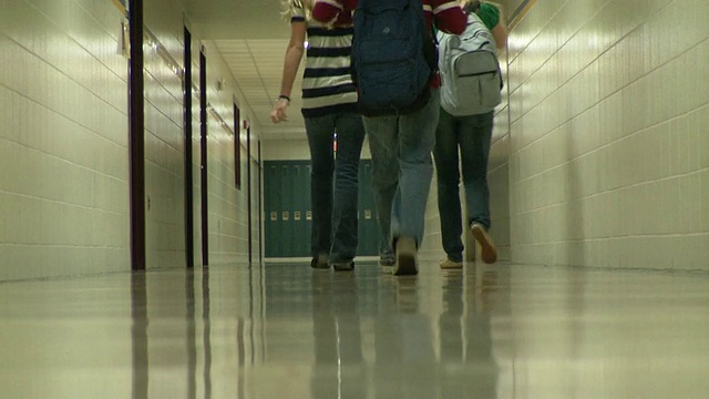 美国纽约，Cazenovia, WS LA学校的孩子们(12-17岁)从摄像机前走过学校走廊视频素材