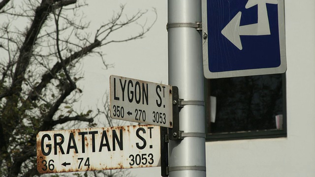 澳大利亚维多利亚州墨尔本市的Lygon St.和Grattan St.街名标志视频下载