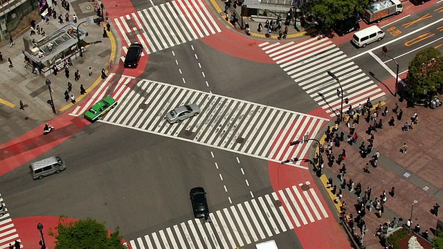 高角度广角镜头缩小交通和人们通过繁忙的涩谷十字路口/日本东京视频素材