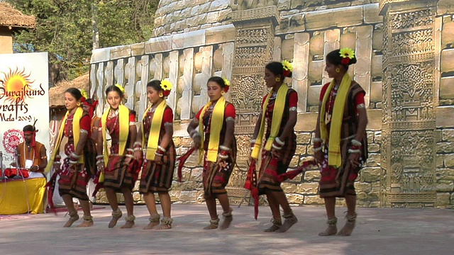 印度哈里亚纳邦，苏拉吉昆德博览会/法里达巴德，一群正在表演Sambalpuri舞蹈的妇女视频素材