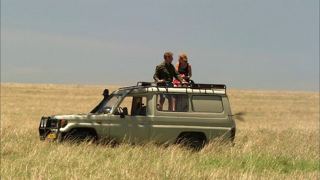 中景一对夫妇站在狩猎车的后面，从屋顶往外看，肯尼亚马赛马拉视频素材