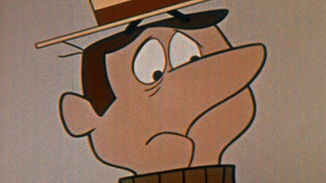 1957年，动画拉近了戴着帽子的人，眼睛旋转，摇晃/放大眼睛/音频视频素材