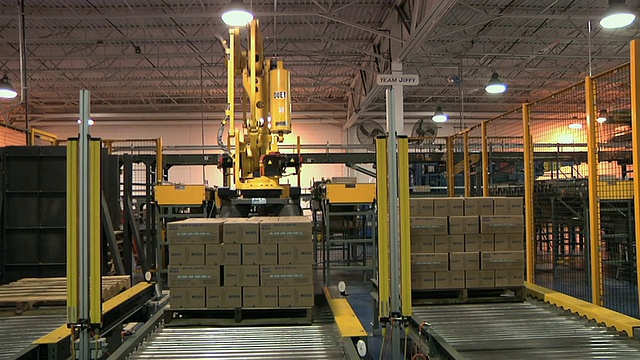 美国密歇根州切尔西工厂，机器手臂在托盘上堆叠纸箱视频素材