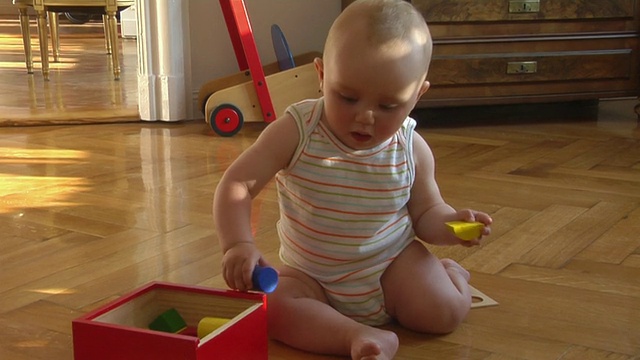 MS小女孩(6-11个月)坐在地板上玩积木，德国柏林视频素材