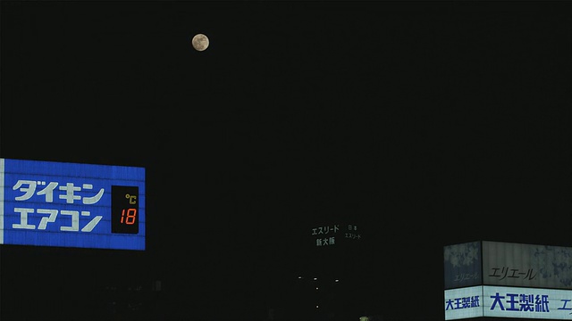 日本大阪，办公大楼上的MS电子广告牌，满月的夜晚视频素材