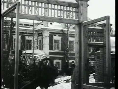 1925年，蒙太奇B/W马车装载农业设备进入院子/俄罗斯视频素材