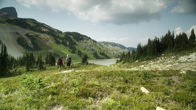 加拿大不列颠哥伦比亚省斯阔米什加里波第省公园，两名女性徒步者站在那里观看山地景观视频素材