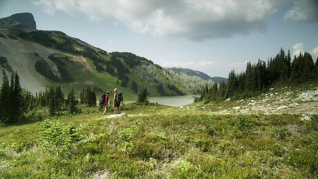 加拿大不列颠哥伦比亚省斯阔米什加里波第省公园，两名女徒步者正在山间景观中行走视频素材