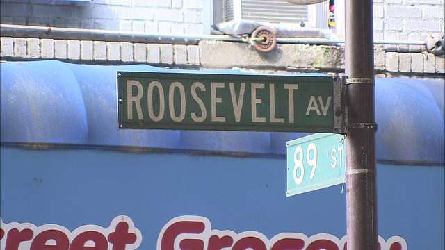 美国纽约，罗斯福大道/皇后区的CU街道标志视频下载