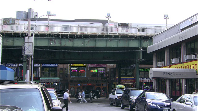 杰克逊高地和街道水平的WS视图显示高架站台/皇后区，美国纽约视频下载