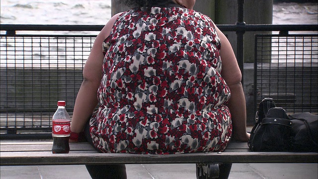 女士坐在长椅上拿着一瓶苏打水/美国纽约视频下载