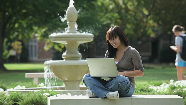 美国弗吉尼亚州里士满大学校园喷泉前使用笔记本电脑的学生视频素材