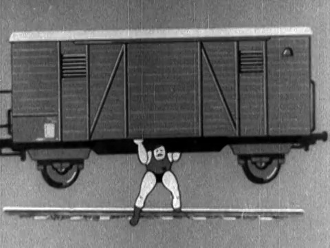 20世纪50年代的动画，大力士举起货运列车在他的头上/音频视频下载