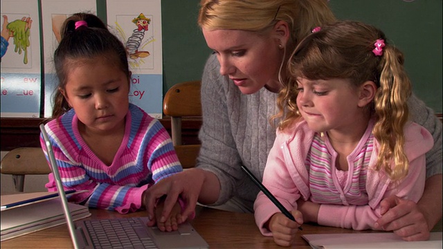 近距离缩小教师和学生在教室使用笔记本电脑视频素材