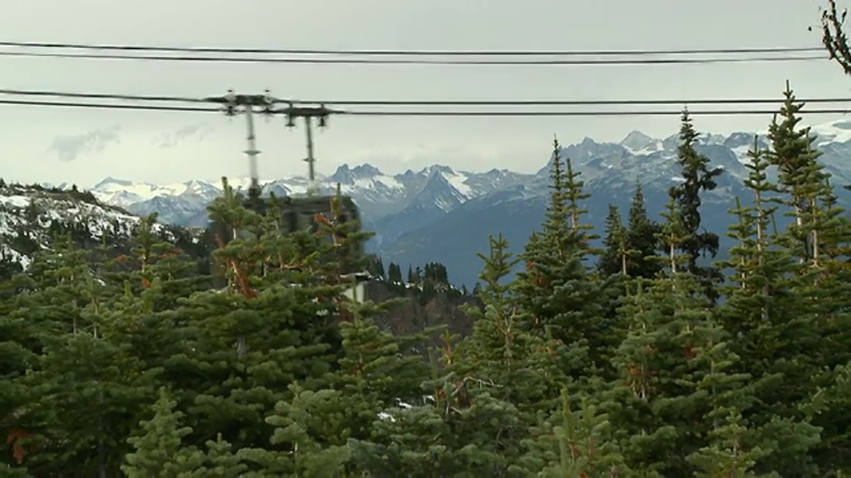 在加拿大不列颠哥伦比亚省惠斯勒山顶，经过树木的WS ZO缆车视频素材