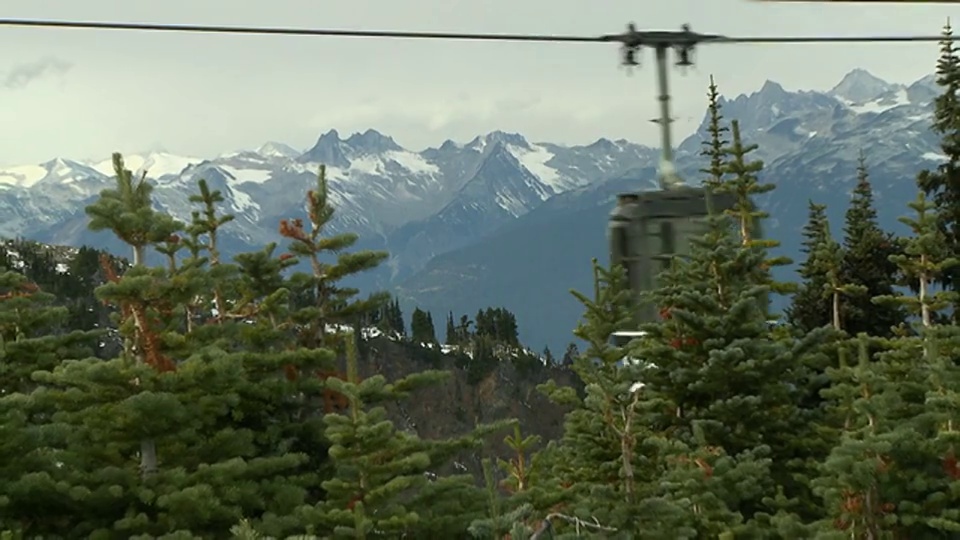 在加拿大不列颠哥伦比亚省惠斯勒山顶，经过树木的WS ZO缆车视频素材