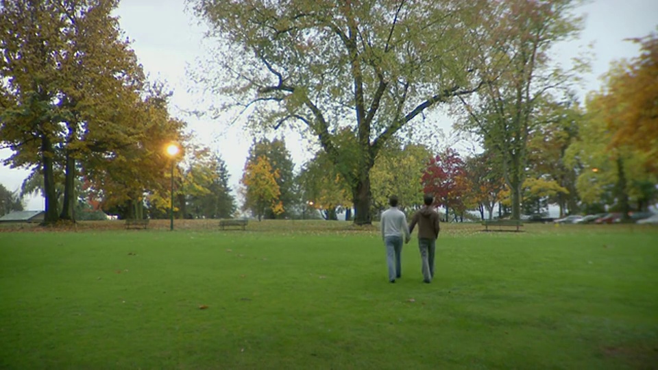 两名男子在公园里手拉手散步/加拿大不列颠哥伦比亚省温哥华视频下载
