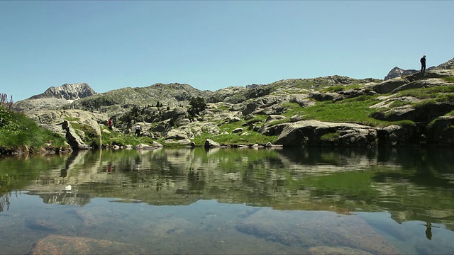 比利牛斯山脉的WS湖，远足者在远方/西班牙加泰罗尼亚视频素材