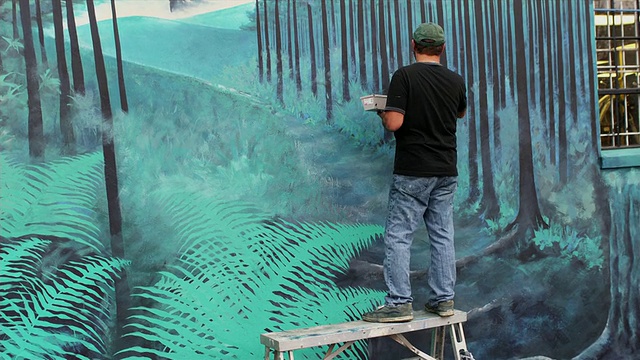 美国俄勒冈州波特兰当地艺术家在户外壁画上工作的后视图视频下载