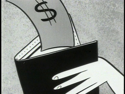 1950 B/W蒙太奇动画纸币飞出男人的钱包，男人哭/美国/音频视频下载