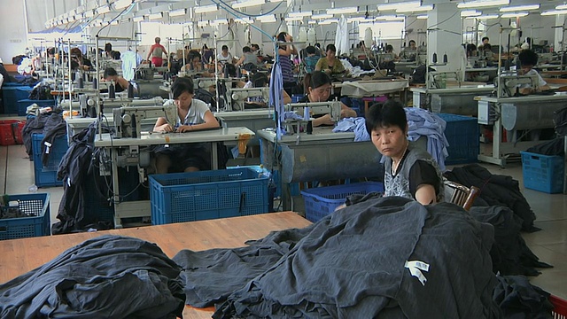 中国浙江宁波，WS服装厂车间，一排排妇女站在缝纫机前视频下载