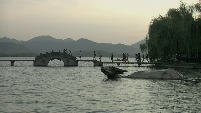 中国浙江杭州西湖WS步行桥和水牛雕像视频下载