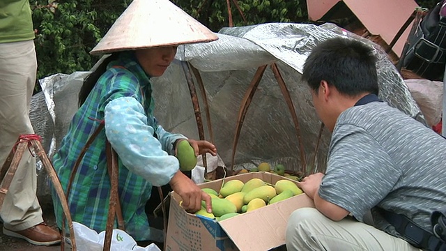 在中国云南的农贸市场，一名男子从一名妇女手中购买芒果视频下载