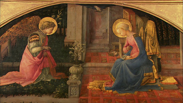 Fra Filippo Lippi的《天使报喜》，木雕蛋彩画，约1450-3年/英国伦敦国家美术馆视频下载