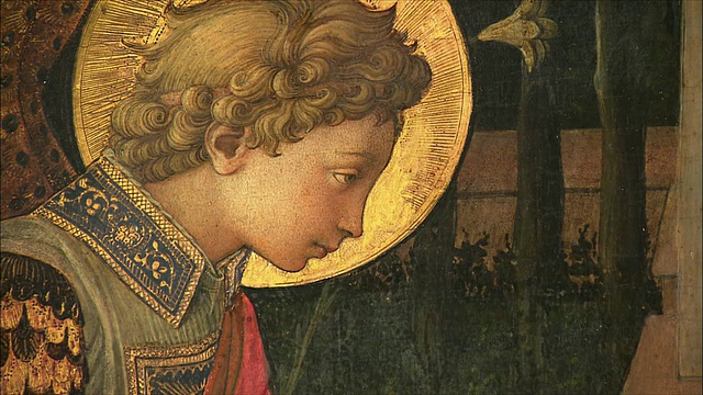 Fra Filippo Lippi的《天使报》，木雕蛋彩画，约1450-3年/英国伦敦国家美术馆视频下载