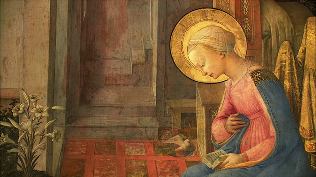 Fra Filippo Lippi的《天使报喜》，木雕蛋彩画，约1450-3年/英国伦敦国家美术馆视频下载