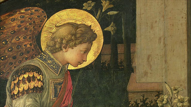 Fra Filippo Lippi的《天使报》，木雕蛋彩画，约1450-3年/英国伦敦国家美术馆视频下载