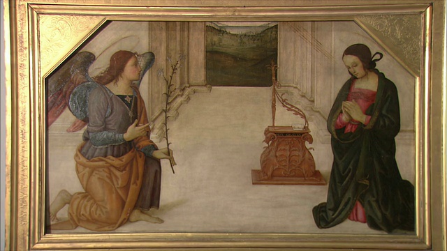 《天使报喜》出自15世纪晚期的木油画/英国伦敦国家美术馆视频下载