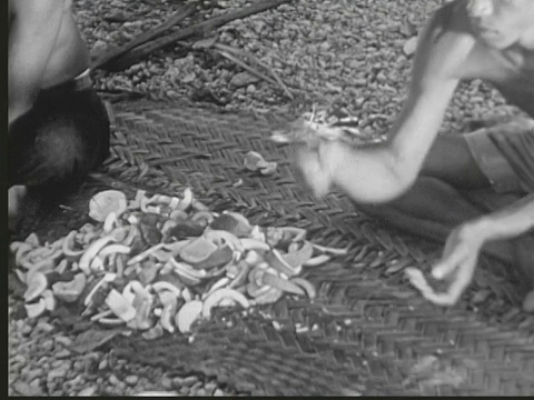 1949年，马绍尔群岛，当地人坐在地上，用大刀打开椰子，把椰子肉和椰干堆在一起视频下载