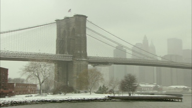 WS PAN布鲁克林大桥与曼哈顿市中心天际线在下雪天/纽约，美国视频下载